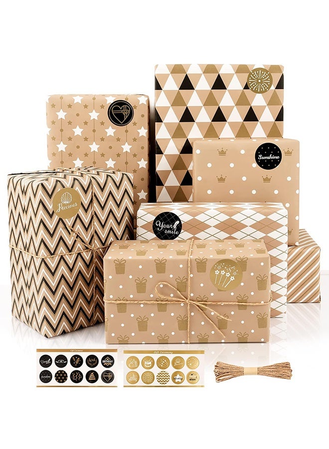 fantasize Gift Wrapping Paper, Happy Birthday Wrapping Paper, 8 Sheets Brown Wrapping Paper with Stickers Paper Rope, Kraft Wrapping Paper for Birthday Graduation All Occasion for Men Women Boys Girls, 50X70CM - Image 1